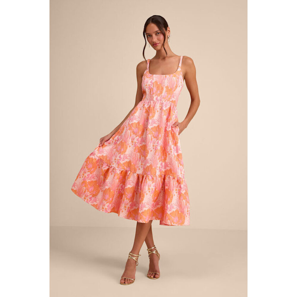 NWOT: Lulus Avalie Pink Floral Jacquard Tiered Bustier Midi Dress